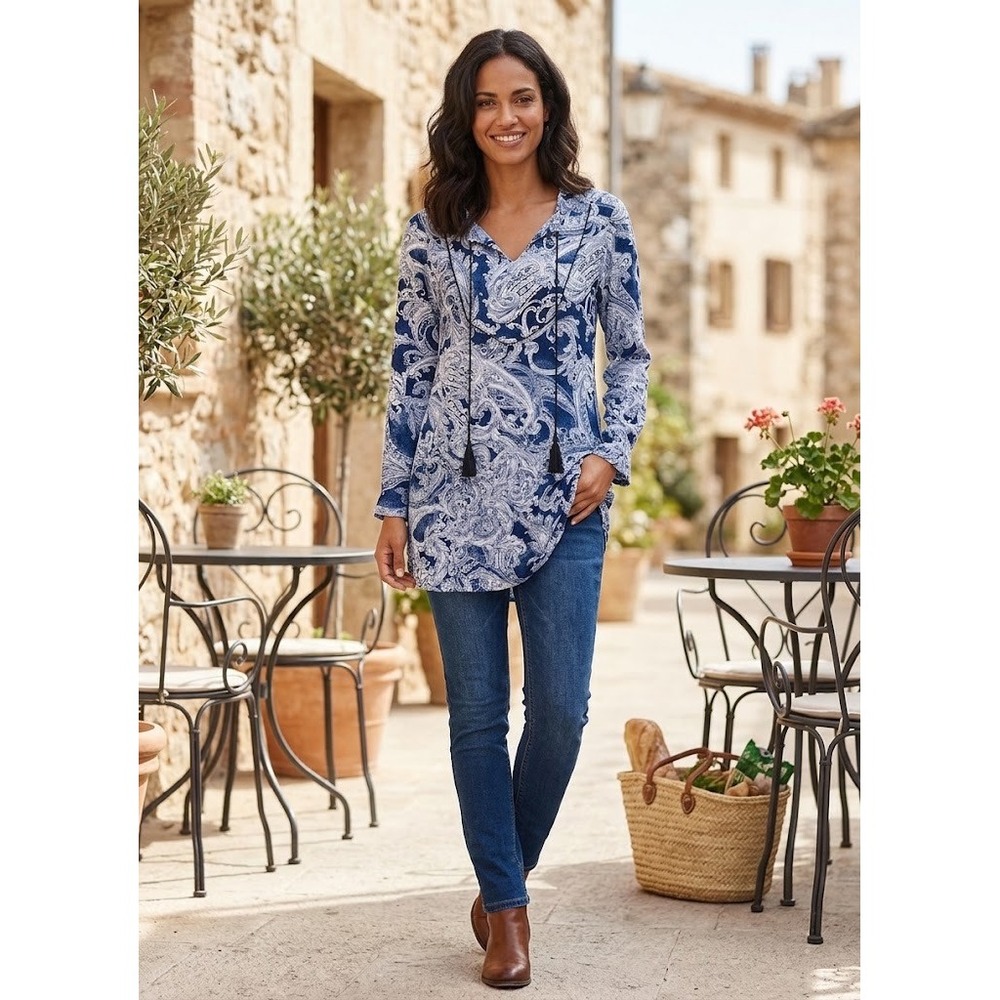 LC Waikiki Classic Women Blue White Paisley Tassel Tie Tunic Top Size 38 NWT